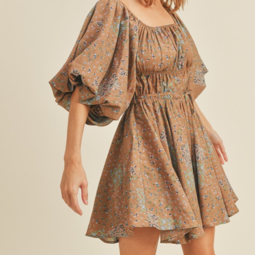 Bubble sleeve dress mocha floral - Picture 5 of 7